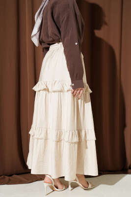 Kuşaklı Kat Detaylı Kloş Etek Bej - Etek