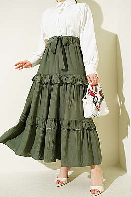 Kuşaklı Kat Detaylı Kloş Etek Haki - ALİ AKKAYA