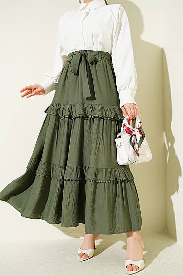 Kuşaklı Kat Detaylı Kloş Etek Haki - Etek