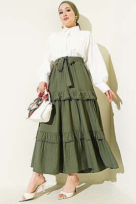 Kuşaklı Kat Detaylı Kloş Etek Haki - Etek