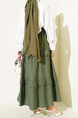 Kuşaklı Kat Detaylı Kloş Etek Haki - Etek