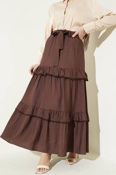 Kuşaklı Kat Detaylı Kloş Etek Kahve - Etek