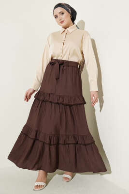 Kuşaklı Kat Detaylı Kloş Etek Kahve - Etek