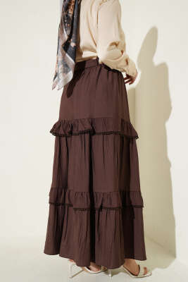 Kuşaklı Kat Detaylı Kloş Etek Kahve - Etek