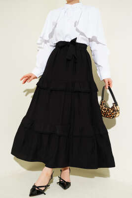 Kuşaklı Kat Detaylı Kloş Etek Siyah - ALİ AKKAYA