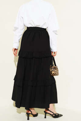 Kuşaklı Kat Detaylı Kloş Etek Siyah - Etek