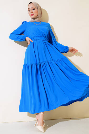Kuşaklı Kat Elbise Mavi - Elbise