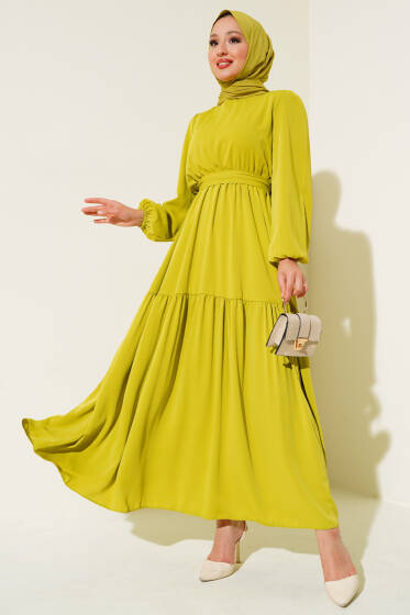 Kuşaklı Kat Elbise Yağ Yeşili - Elbise