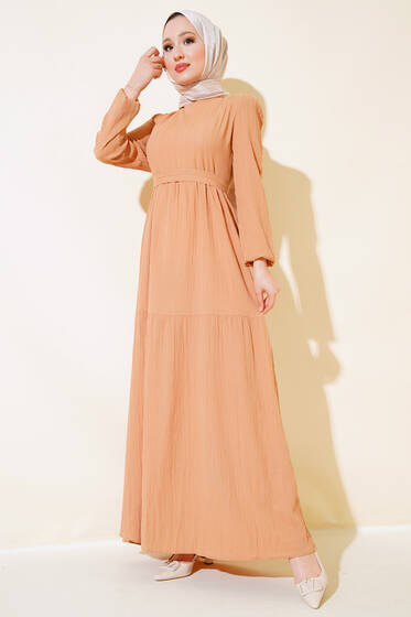 Kuşaklı Kat Kat Bilek Lastikli Elbise Camel - Elbise