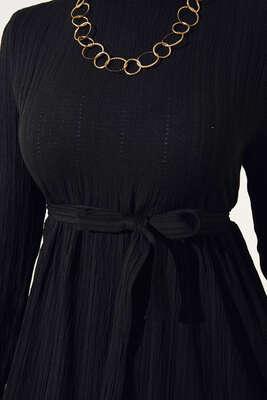 Kuşaklı Kat Kat Bilek Lastikli Elbise Siyah - Thumbnail