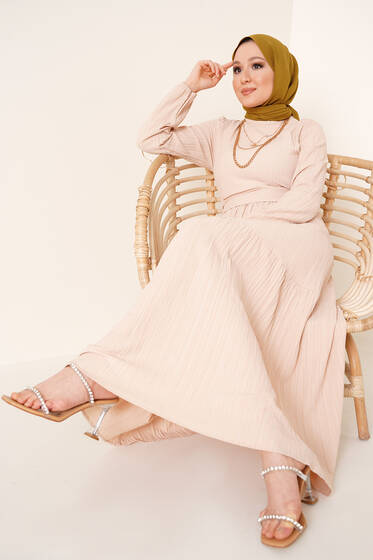 Kuşaklı Kat Kat Elbise Bej - Tesettür Elbise