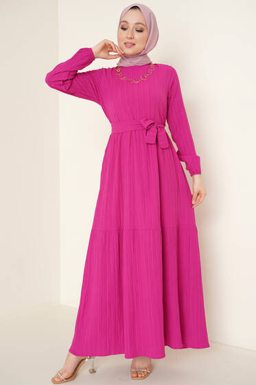 Kuşaklı Kat Kat Elbise Fuşya - Tesettür Elbise