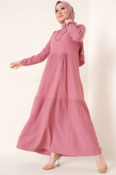 Kuşaklı Kat Kat Elbise Gül Kurusu - Tesettür Elbise