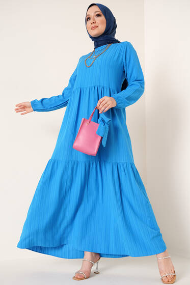 Kuşaklı Kat Kat Elbise İndigo - Tesettür Elbise