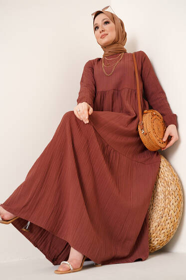 Kuşaklı Kat Kat Elbise Kahve - Tesettür Elbise