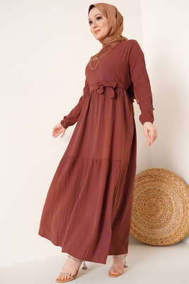 Kuşaklı Kat Kat Elbise Kahve - Tesettür Elbise