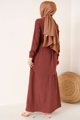 Kuşaklı Kat Kat Elbise Kahve - Tesettür Elbise