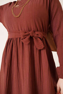 Kuşaklı Kat Kat Elbise Kahve - Tesettür Elbise