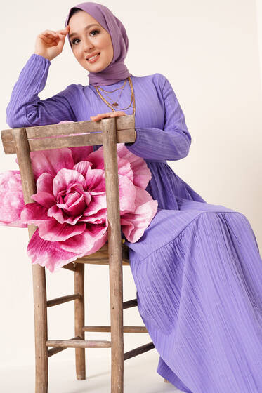 Kuşaklı Kat Kat Elbise Lila - Tesettür Elbise