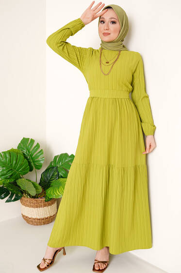 Kuşaklı Kat Kat Elbise Neon Yeşil - Tesettür Elbise