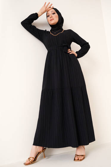Kuşaklı Kat Kat Elbise Siyah - Tesettür Elbise