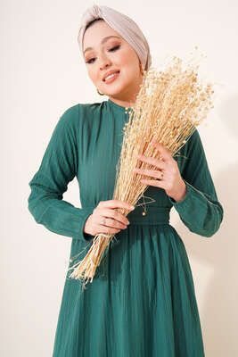 Kuşaklı Kat Kat Elbise Zümrüt - Tesettür Elbise