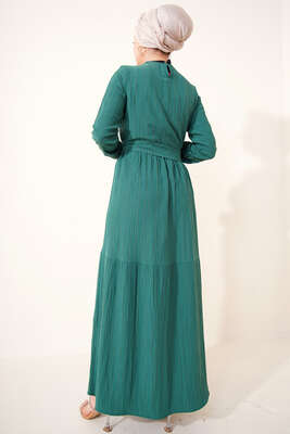 Kuşaklı Kat Kat Elbise Zümrüt - Tesettür Elbise