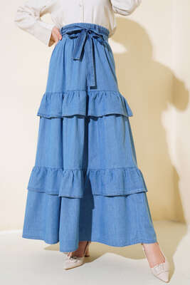 Kuşaklı Kat Kat Etek Kot - Uzun Etek