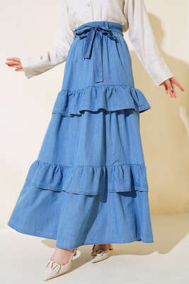 Kuşaklı Kat Kat Etek Kot - Uzun Etek