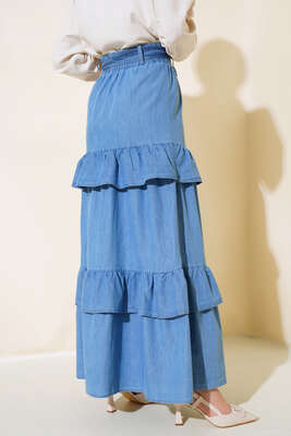 Kuşaklı Kat Kat Etek Kot - Uzun Etek