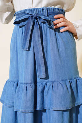 Kuşaklı Kat Kat Etek Kot - Uzun Etek