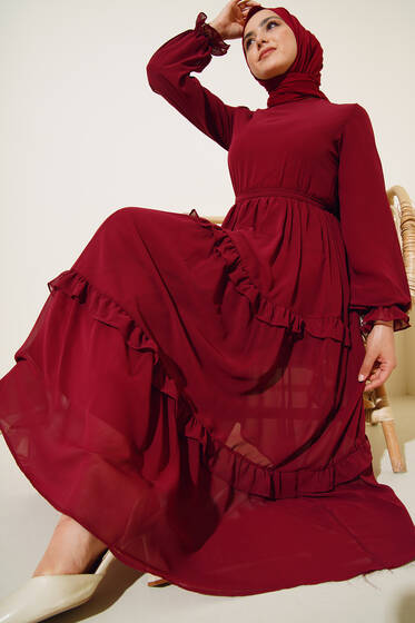 Kuşaklı Kat Kat Şifon Elbise Bordo - Tesettür Elbise