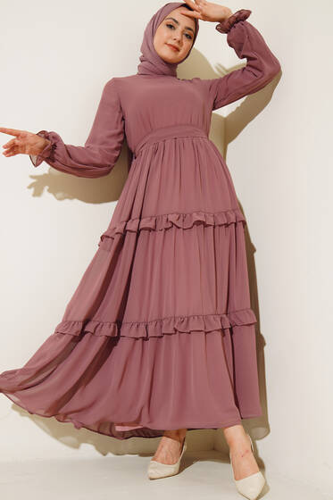 Kuşaklı Kat Kat Şifon Elbise Gül Kurusu - Tesettür Elbise