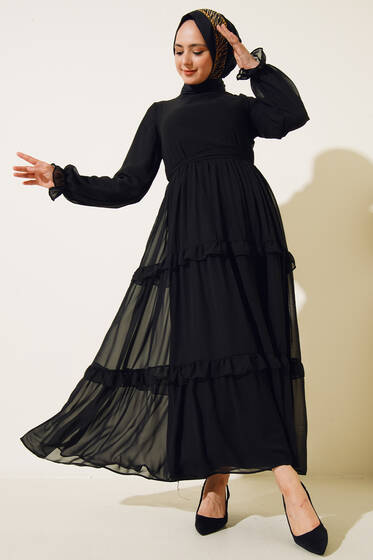 Kuşaklı Kat Kat Şifon Elbise Siyah - Tesettür Elbise