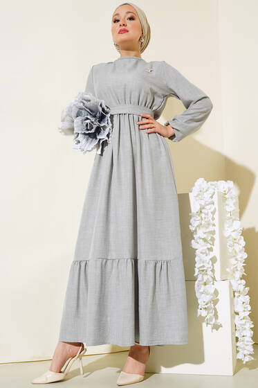 Kuşaklı Kat Keten Elbise Gri - Elbise
