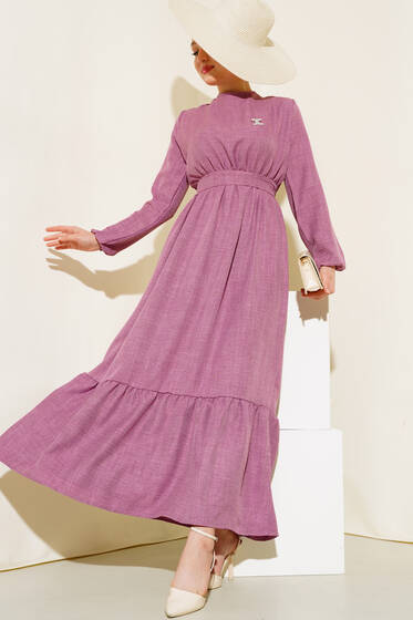 Kuşaklı Kat Keten Elbise Gül Kurusu - Elbise