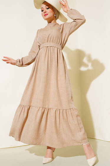 Kuşaklı Kat Keten Elbise Latte - Elbise