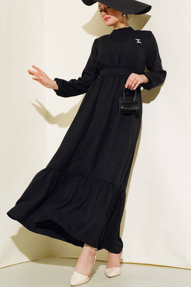 Kuşaklı Kat Keten Elbise Siyah - Elbise