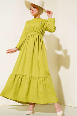Kuşaklı Kat Keten Elbise Yağ Yeşili - Thumbnail