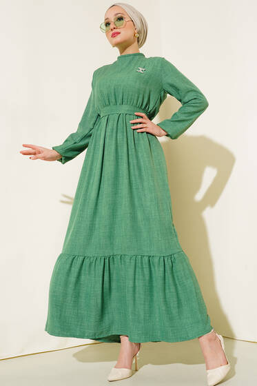 Kuşaklı Kat Keten Elbise Yeşil - Elbise