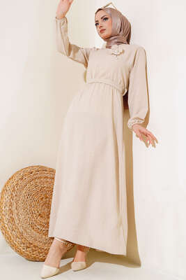 Kuşaklı Keten Elbise Bej - Tesettür Elbise