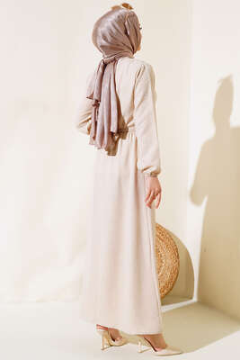 Kuşaklı Keten Elbise Bej - Tesettür Elbise