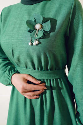 Kuşaklı Keten Elbise Yeşil - Thumbnail