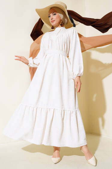 Kuşaklı Keten Kat Elbise Bej - Elbise