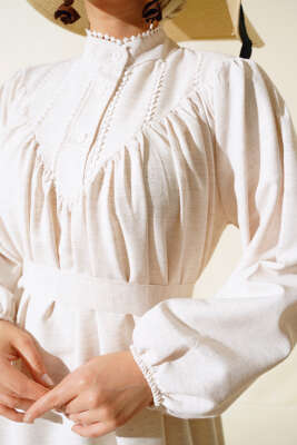 Kuşaklı Keten Kat Elbise Bej - Tesettür Elbise