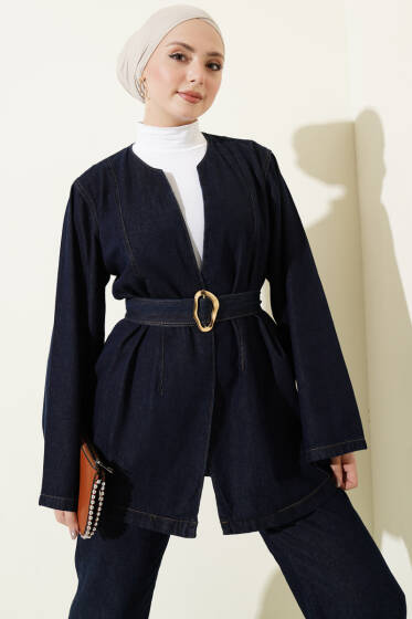Kuşaklı Kimonolu Kot İkili Takım Lacivert - İkili Takım