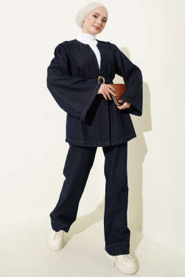 Kuşaklı Kimonolu Kot İkili Takım Lacivert - İkili Takım