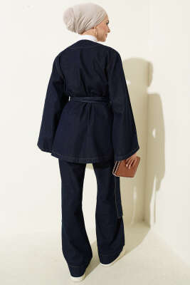 Kuşaklı Kimonolu Kot İkili Takım Lacivert - İkili Takım