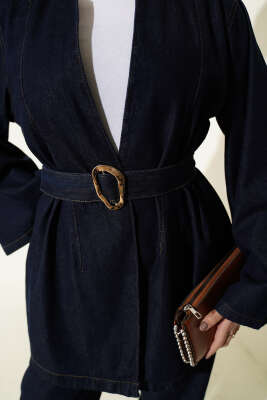 Kuşaklı Kimonolu Kot İkili Takım Lacivert - İkili Takım