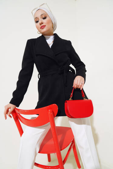 Kuşaklı Kısa Kaşe Kaban Siyah - Kaban